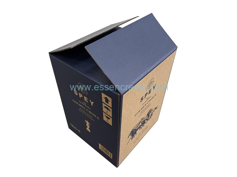 Sechs 70 cl Whisky-Verpackungen, farbenfrohe Wellpappe-Kartons für den Transport
